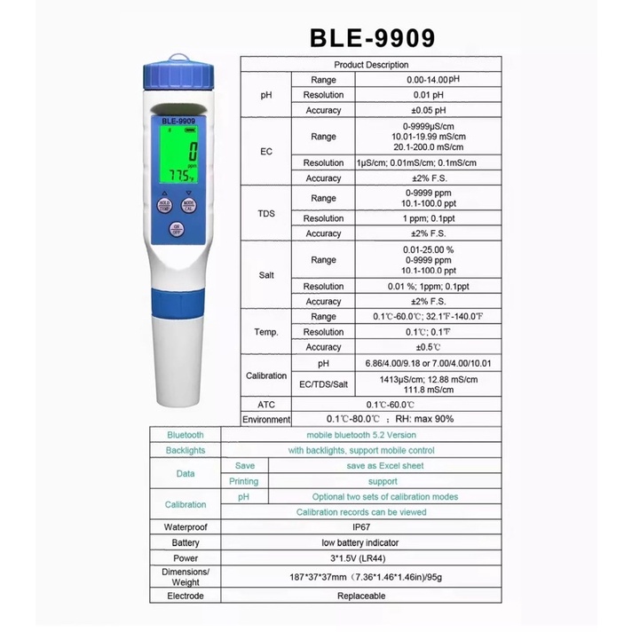 Digital Water Tester Bluetooth 5 in 1 BLE-9909 Salt-PH-EC-TDS-TEMP Meter