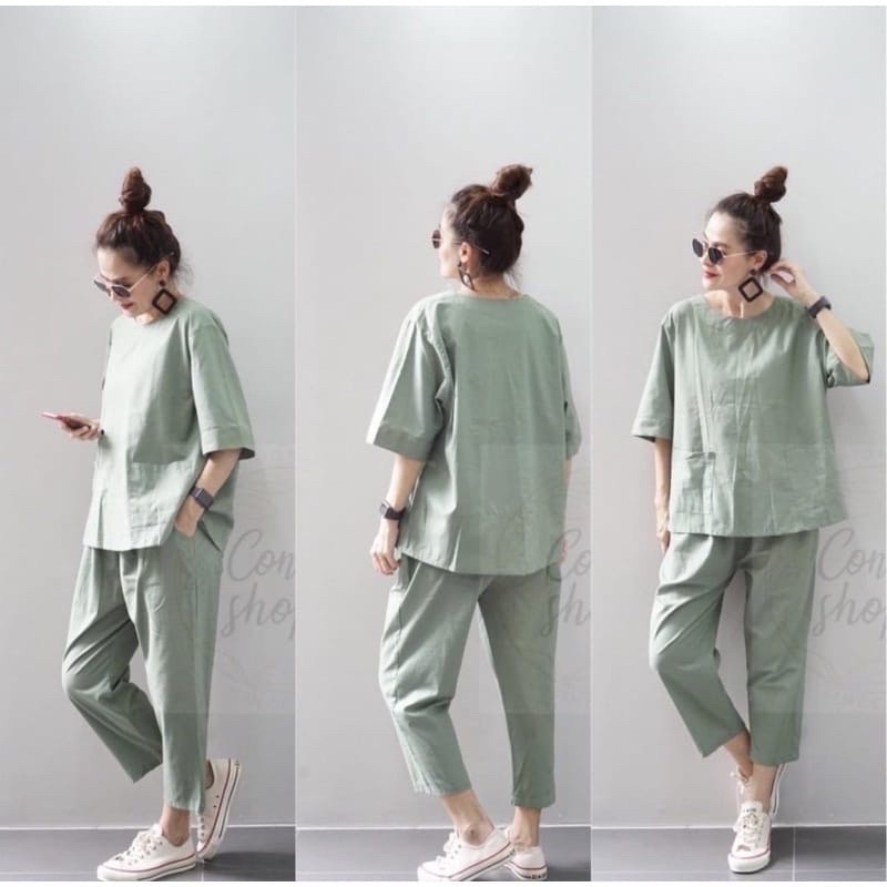 Alana One Set Linen Setelan Wanita Linen Atasan dan Celana