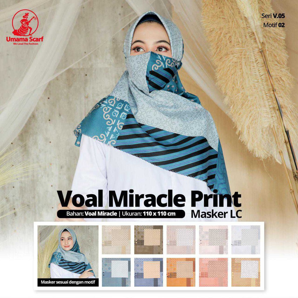 Jilbab Voal Miracle Plain Print Motif + Masker Pilih Motif