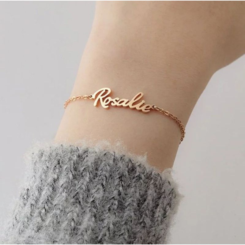 Gelang nama Titanium Anti Karat Wanita Lapis Emas aksesoris cewek fashion perempuan