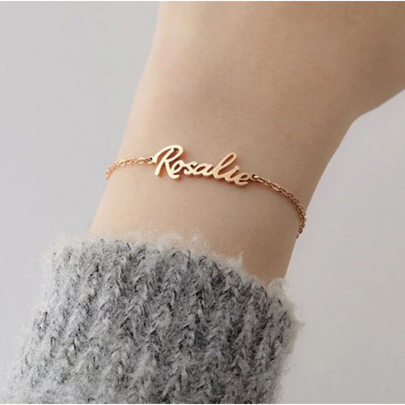 Gelang nama Titanium Anti Karat Wanita Lapis Emas aksesoris cewek fashion perempuan