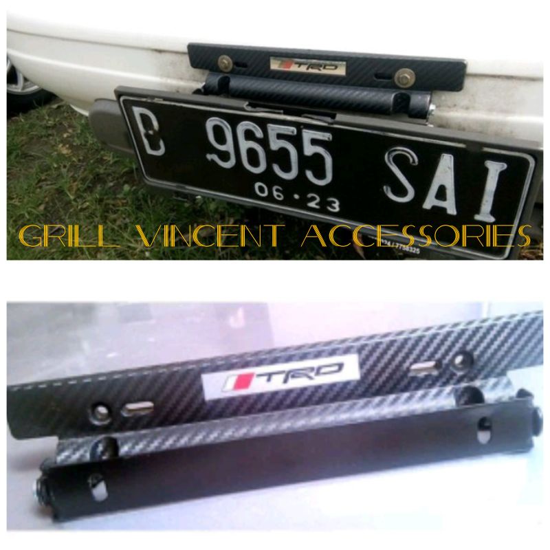 Jual Dudukan Plat Nomor Carbon TRD Bendera Silver Tatakan Cover Logo