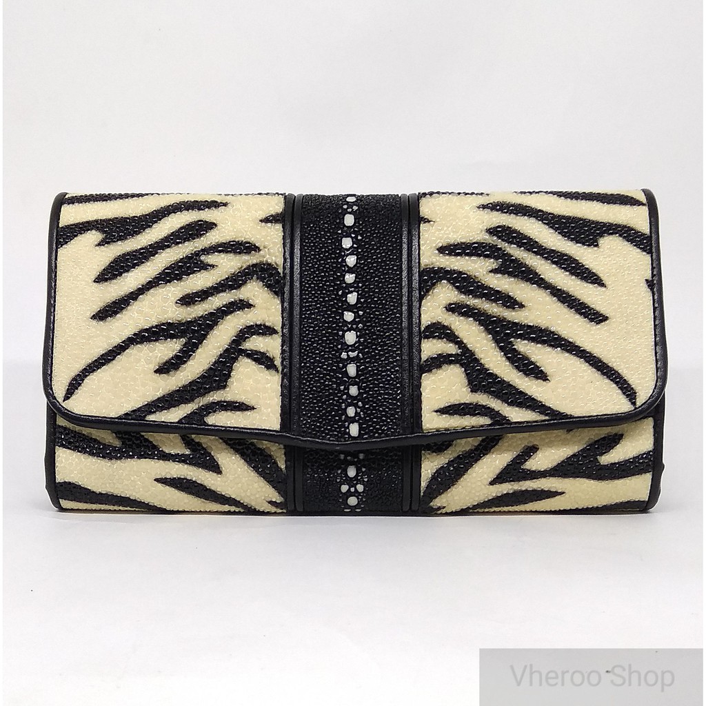 Dompet Wanita Kulit Pari Lipat 3 Duri Motif Macan Putih