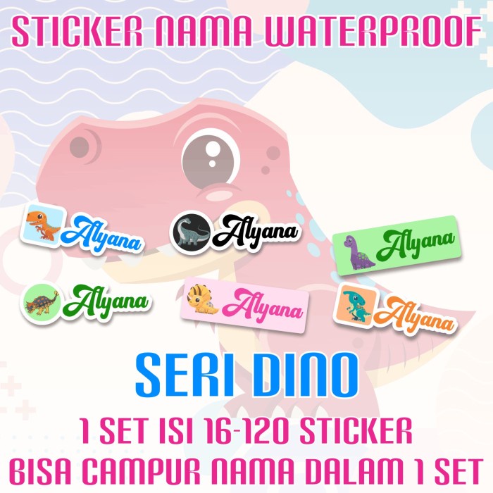 [14-120 pcs] Sticker Nama Custom Dino Dinosaurus Dinosaurs