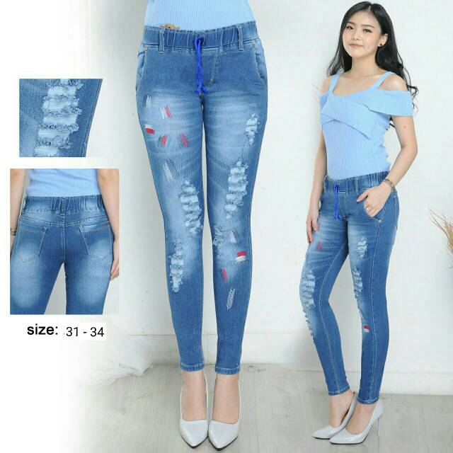 MC girl Celana Jeans Bordir Jumbo/ Celana Jeans Pinggang Karet Motif Bordir/ Celana Jeans Motif