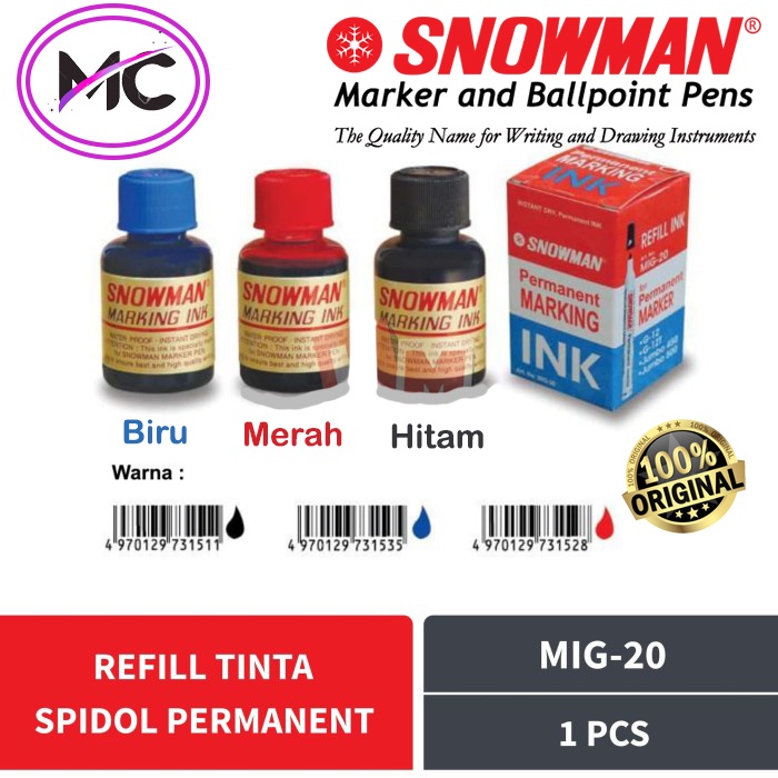 Tinta Spidol Permanent Snowman Isi Ulang Sepidol Refil Asli Original Botol Warna Hitam Merah BIru Hijau Permanen