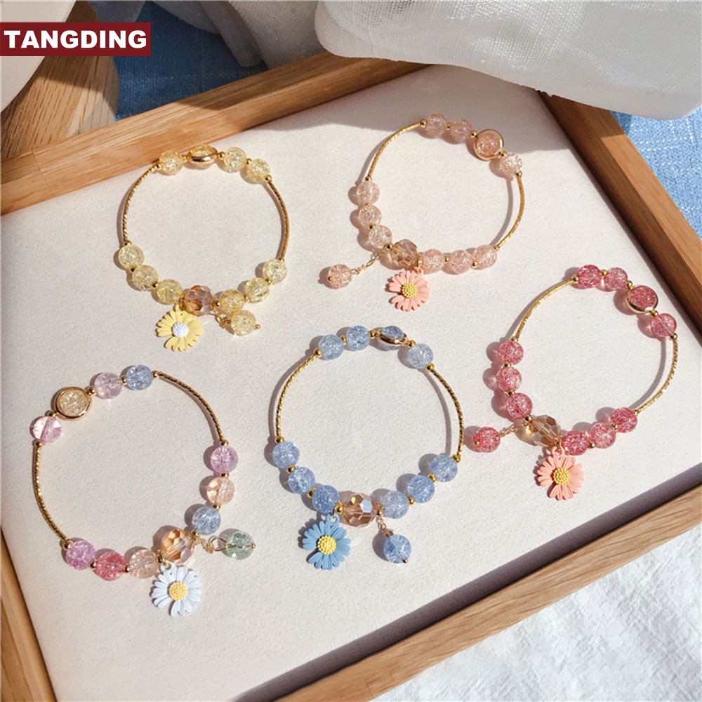 【COD Tangding】Crystal Bracelet Daisy Pendant Bracelet Pink Yellow Blue Color for Girl Summer Accessory