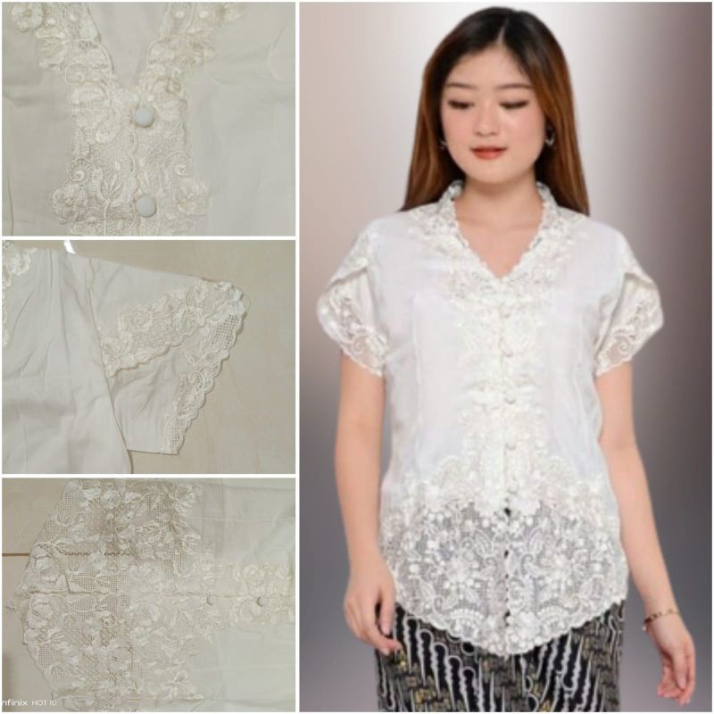 Atasan Kebaya Encim Modern Katun Kombinasi Brukat Bordir Putih