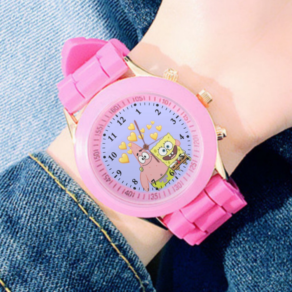 Jam Tangan Wanita SPONGEBOB SQUAREPANTS KARTUN Custom Keren Terbaru 09 Cewek Warna Hitam Pink Kulit 