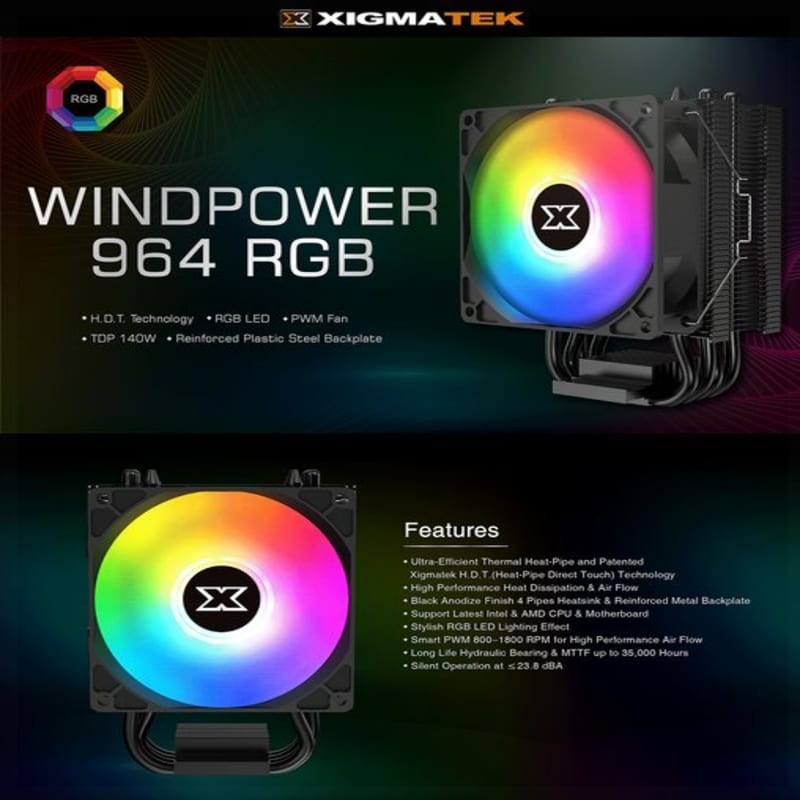 Xagatek Windpower 964 RGB CPU Air Cooler LGA2066-2011-1200-AMD AM4
