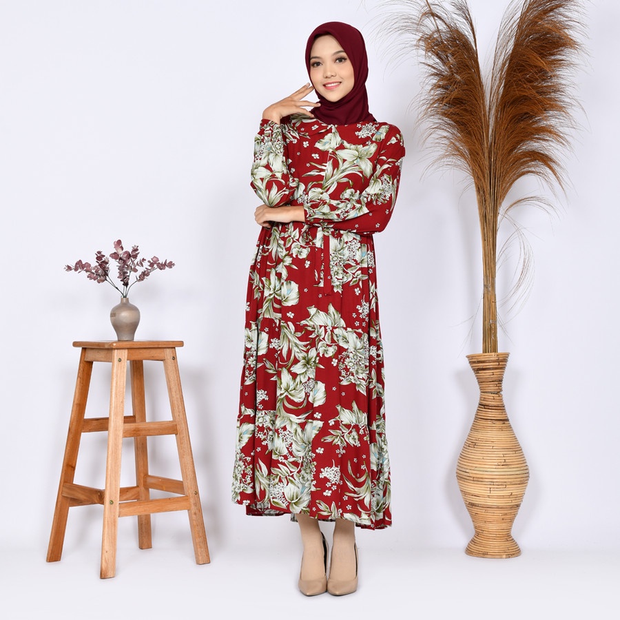 Gamis Midi Dress Flower Wanita Katun Rayon Viscose Adem