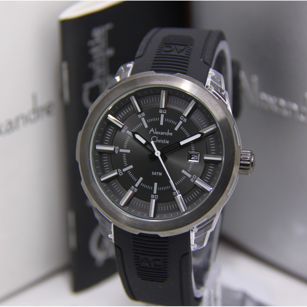 ALEXANDRE CHRISTIE 6553 PRIA RUBBER SILVER BLACK ORIGINAL AC6553 AC 6553 JAM TANGAN COWOK TALI KARET