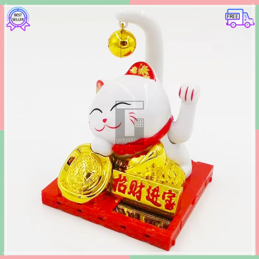 Pajangan Patung Hiasan Kado Hadiah Boneka Kucing Hoki Lucky Cat Rejeki Rezeki Benda Fengshui Fengsui Feng Shui Maneki Neko Maneki Neko Keberuntungan Dashboard Mobil Emas Gold Mini Imut Import Tangan Gerak Goyang Putih Solar Baterai Jumbo Cina Jepang Korea