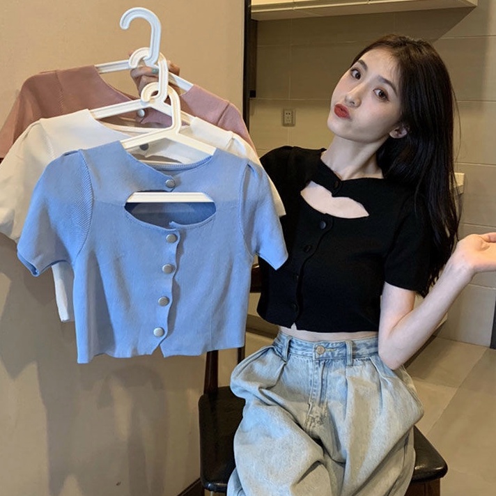 yikoo-Kemeja lengan pendek korea polos wanita crop top seksi