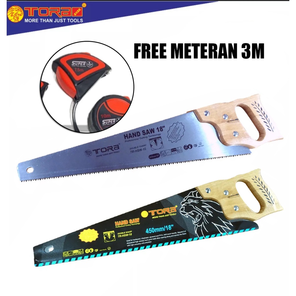 GRATIS SESUAI GAMBAR!!! SUPER TAJAM Tora Gergaji Kayu Belah 18&quot; Inchi 450 mm Gergaji Potong Hand Saw Wooden Termurah Berkualitas FREE METERAN 3M