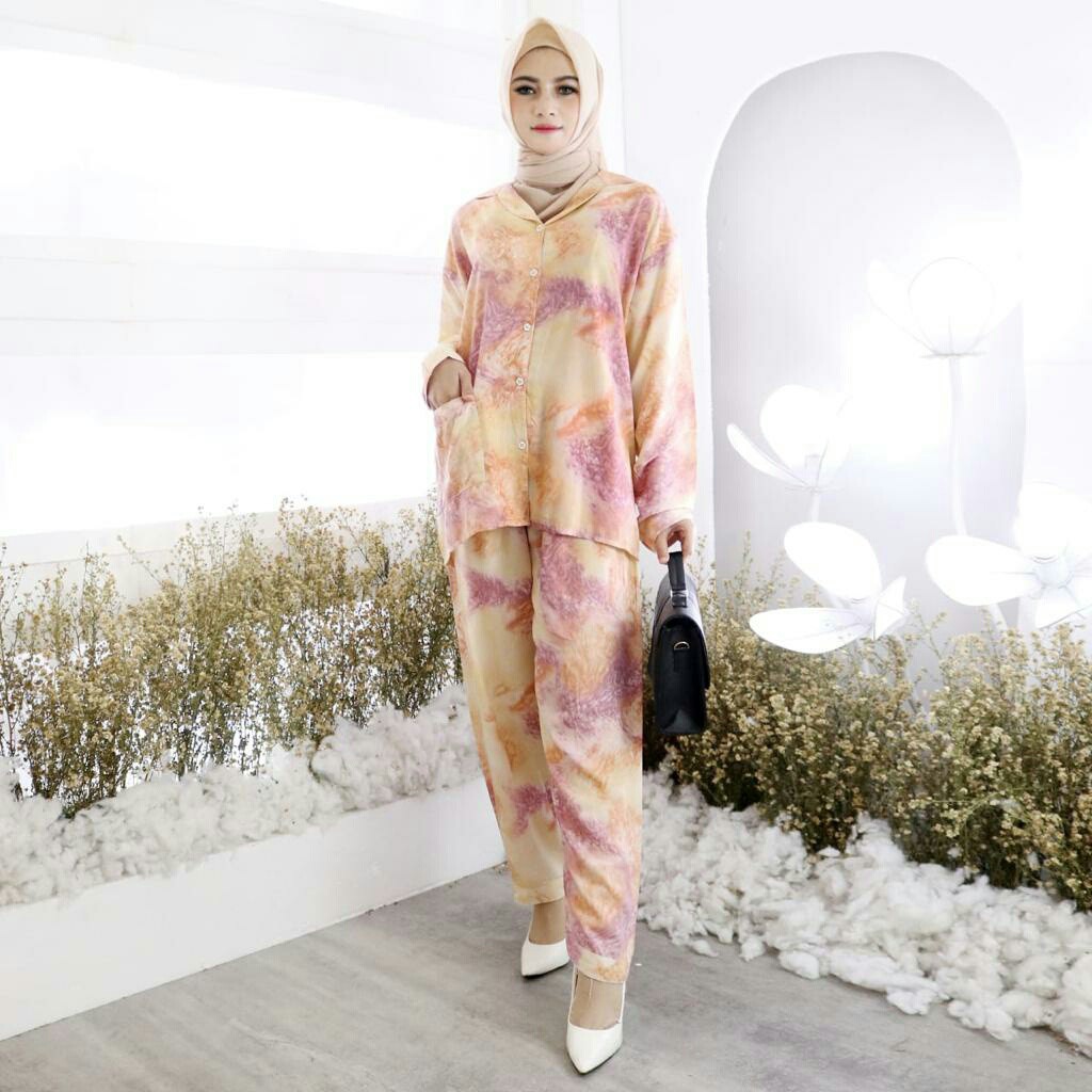 Baju setelan piyama wanita tie dye bambo PP lengan panjang dan celana panjang