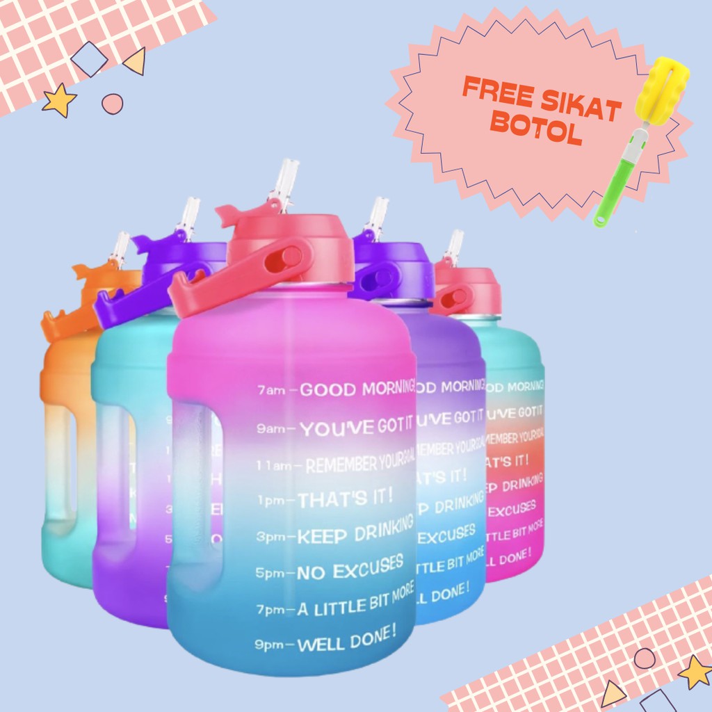 QUIFIT ORIGINAL Botol Minum Penanda waktu 3,8 Liter include straw Tutup Flip FREE SIKAT BOTOL / Tumbler waktu 3.8 L