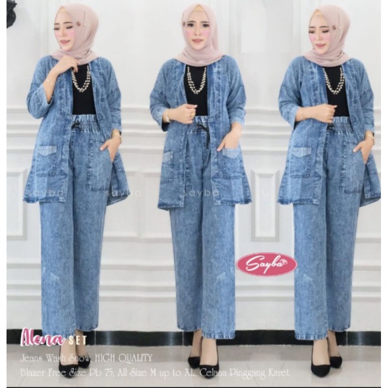 Alena BlaSet | Jeans Wash Snow HQ | Blazer Free Size Pb 75 M-XL | Celana Pinggang karet