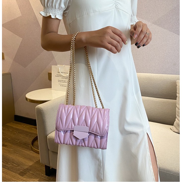 Tas Leather Premium Impor Selempang Rantai Italy Kulit Quilted Silinder Korea Pastel Lilac TAS067