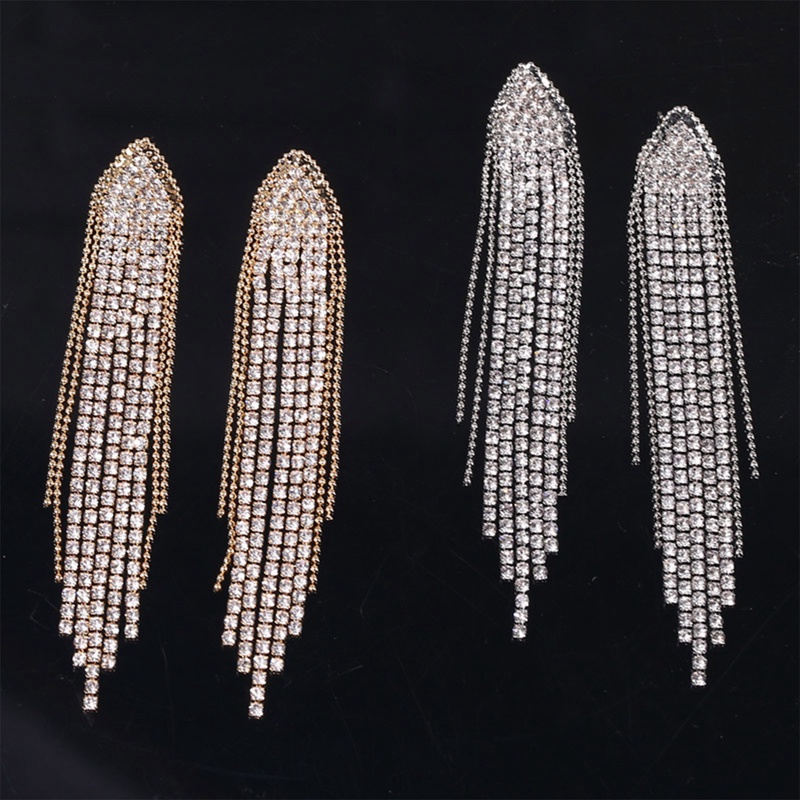 Anting Rumbai Panjang Bahan 925 Silver Needle Aksen Kristal Berlian Geometris Gaya Vintage