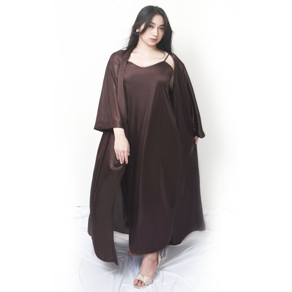 FOLVA kimono panjang set lingerie satin 1533KGSET_XL coklat big size