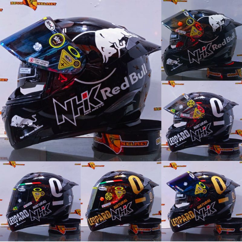 Helm Nhk full face RX9 paket ganteng solid black golsy stiker leopard  visor flat iridium