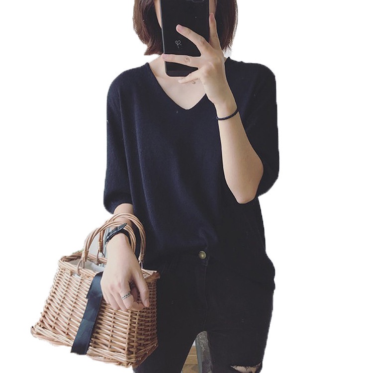 #Sisjuly# T-shirt pullover longgar longgar V-neck all-match versi Korea baru wanita warna solid keme