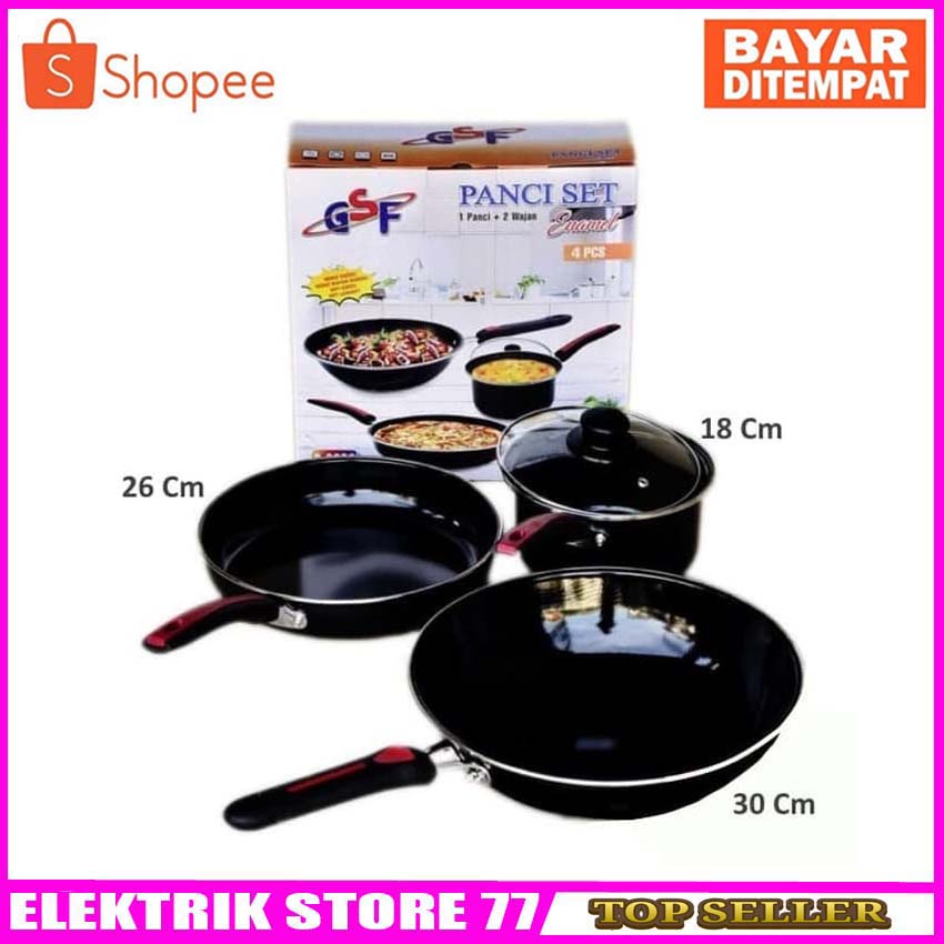 Panci Set Enamel GSF G-2630 Frypan Tutup kaca Wajan Wok Dan Saucepan