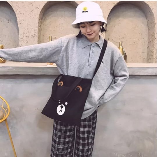 Twenty Bag - Tas Tote Bag Wanita Resleting Terbaru 2022 Aesthetic Kekinian Motif Carakter BROWCHIP Korea Style Multifungsi