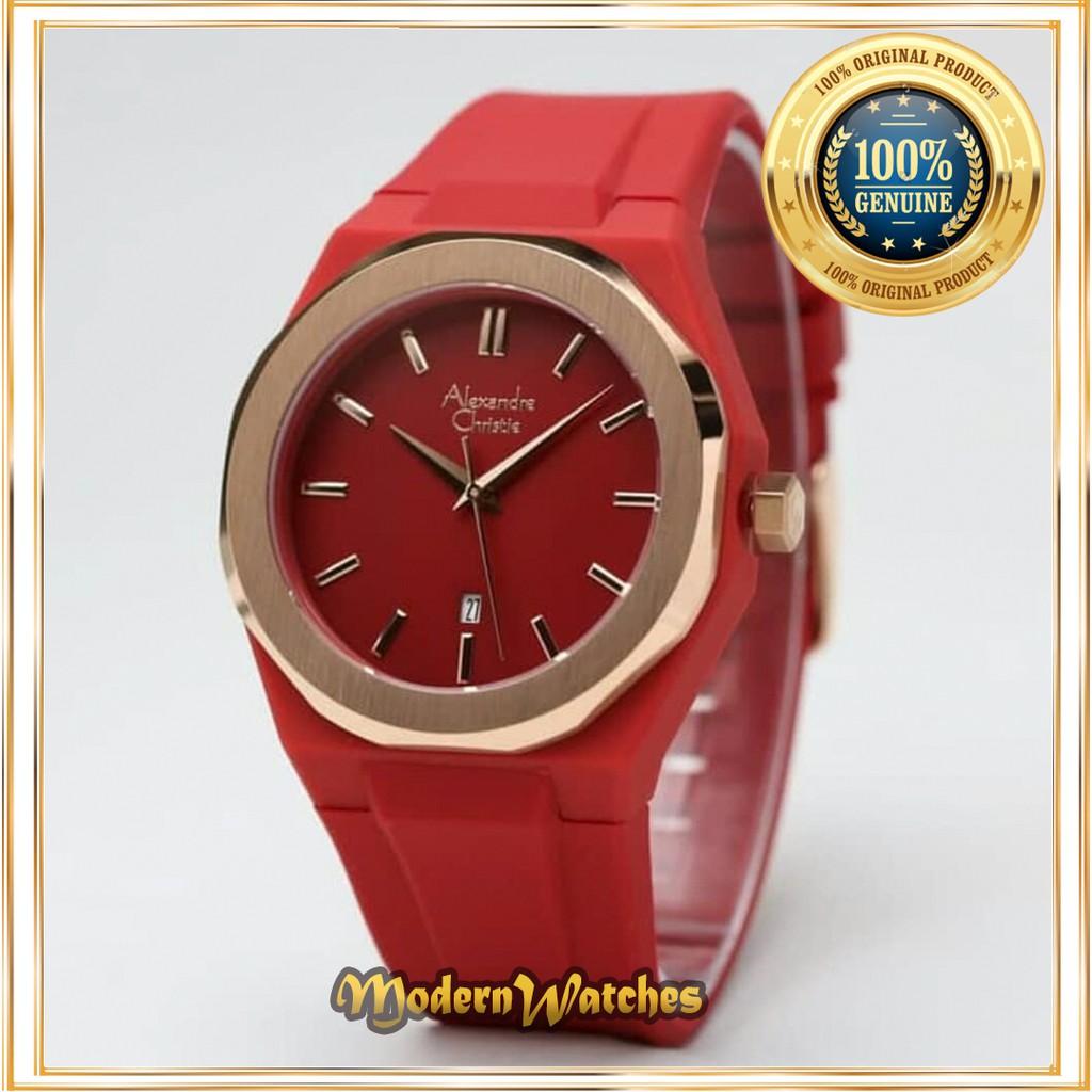 Jam Tangan Pria Original Alexandre Christie AC 8613 Red Merah Rosegold Simple Karet Alexander Christ