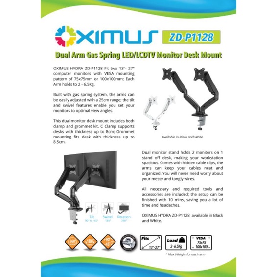 Bracket monitor dual arm HYDRA ZDP1128 10 - 27 inch Gas Spring