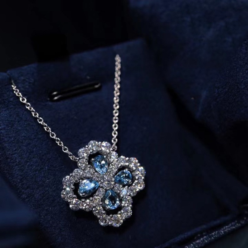 Four-Leaf Clover Necklace Light Luxury Minority Full Diamond Sea Blue Clavicle Chain