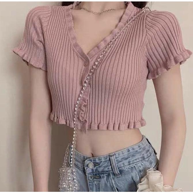 Crop Top Wanita Korea Lettuce V Neck Top / Baju Wanita Korea C780