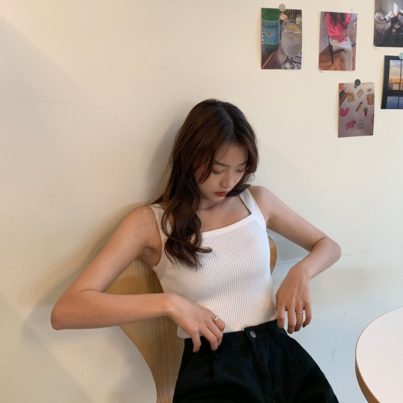 Feminin Tank Top Wanita Pakaian Atasan Tanktop Cewek Korea Rajut Square Neck Inner Wear-5