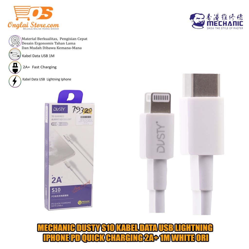 Mechanic Dusty S10 Iphone Kabel Data USB Iphone PD Quick Charging 2A+ 1M White ORI