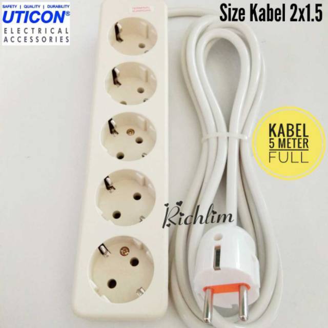 Stop Kontak Uticon 5 Lubang/Colokan Listrik+Steker Arde+Kabel 2x1.5 Serabut 5 meter