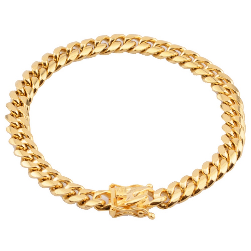 Classic 18K Gold Plated Stainless Steel Miami Cuban Link Chain Bracelet Men 10MM