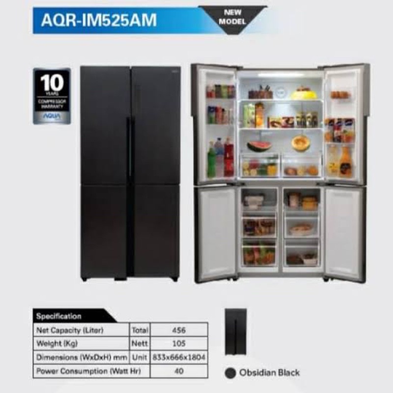 KULKAS AQUA AQR IM525AM SIDE BY SIDE INVERTER 4 Pintu 456 Liter