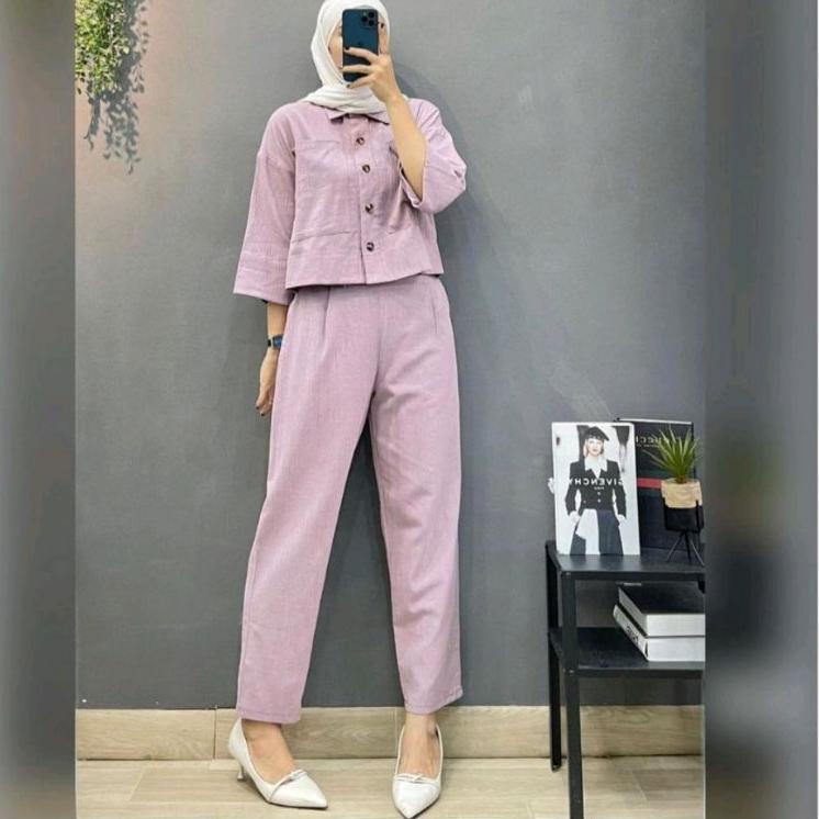 (HARGA BERSAHABAT) fazio set top+pants one set setelan wanita linen rami