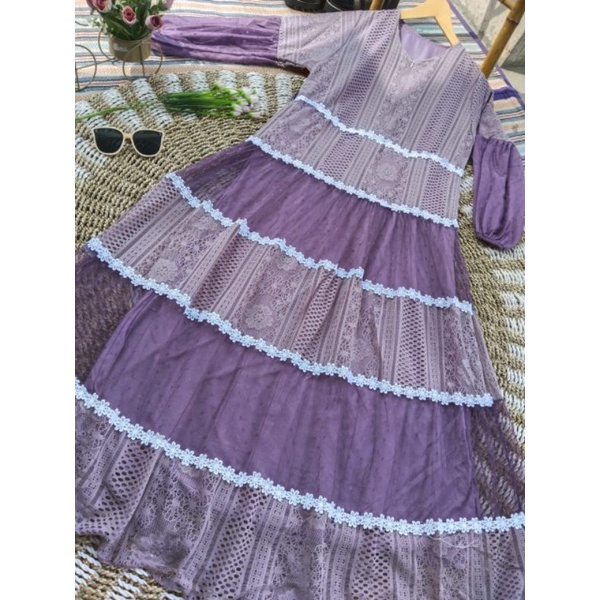 GAMIS BURKAT MIX TULLE DOT FULL FURING AYUNDA DRESS ld.105 pb.135/COD/gamis pesta muslimah,gamis kondangan/gamis brocade