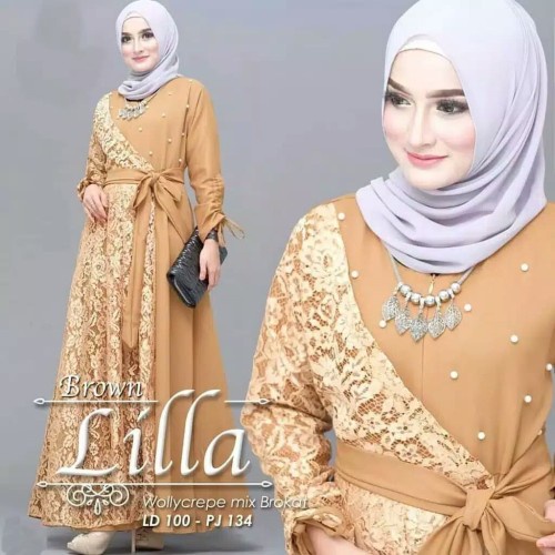 Gamis Syari Mewah Brukat Lilla Tille Mutiara Brokat Gaun Kondangan Pesta wedding-BROWEN