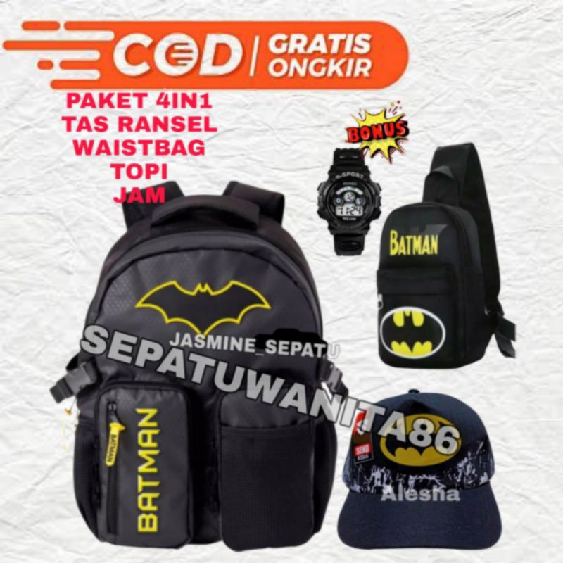 tas ransel anak sekolah laki laki karakter batman/gratis topi jam tangan