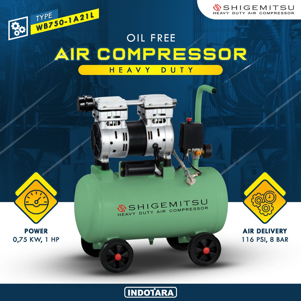 Kompresor Angin Oil Free Shigemitsu 3/4 HP / 8 BAR 21 L