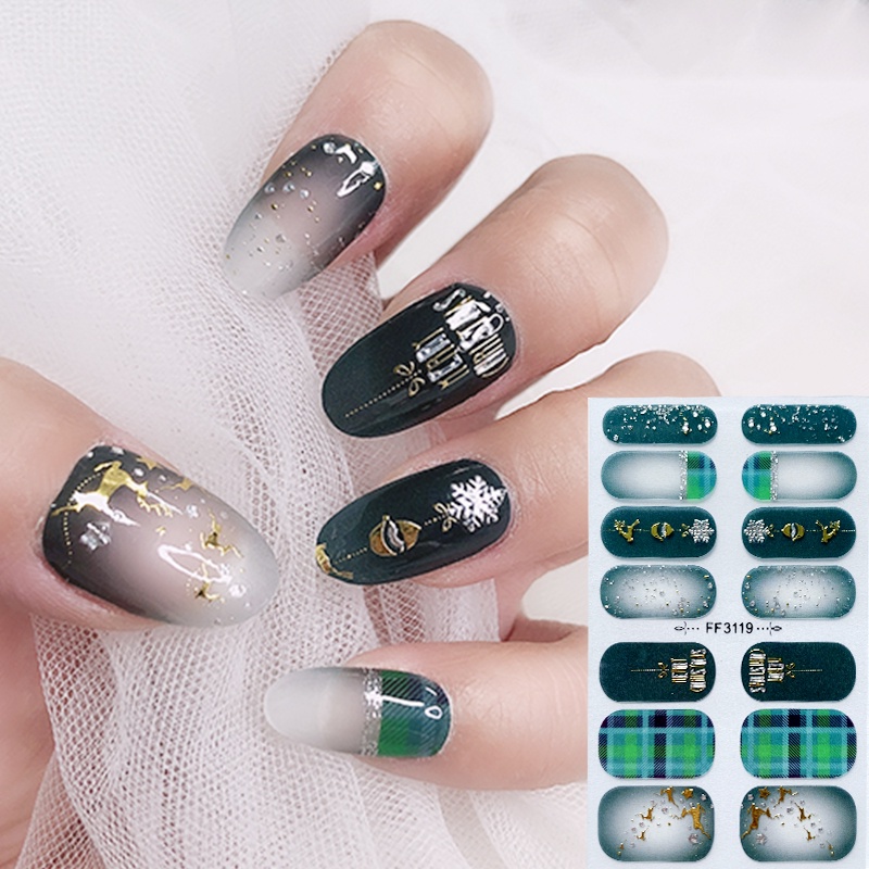 Ff Stiker Kuku Motif Snowflake / Rusa / Pohon Natal / Berlian / Mutiara 3d Untuk Nail Art / Manicure Diy