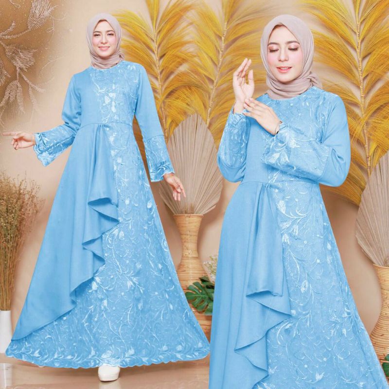!New! GAMIS MUSLIM INDAHLLA / S-M L XL XXL XXXL / BRUKAT TILE/ PREMIUM/ KONDANGAN/ SERAGAM/ JUMBO-Biru langit