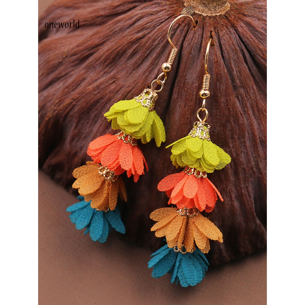 oneworld Skin-friendly Drop Earrings Fabric Flower Long Boho Earrings Fresh Jewelry Gift