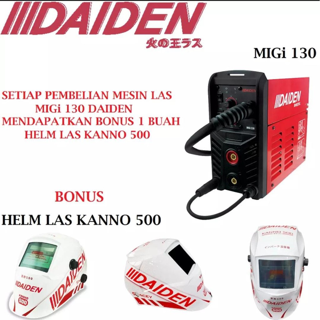 Daiden MIGi MIG MAG 130 A 130A 2T/4T 2T / 4T Mesin Las CO2 Flux Core Stainless Steel Besi Free Helm Kawat Las 0.8 mm Siku Las 2 Inch 4 Pc