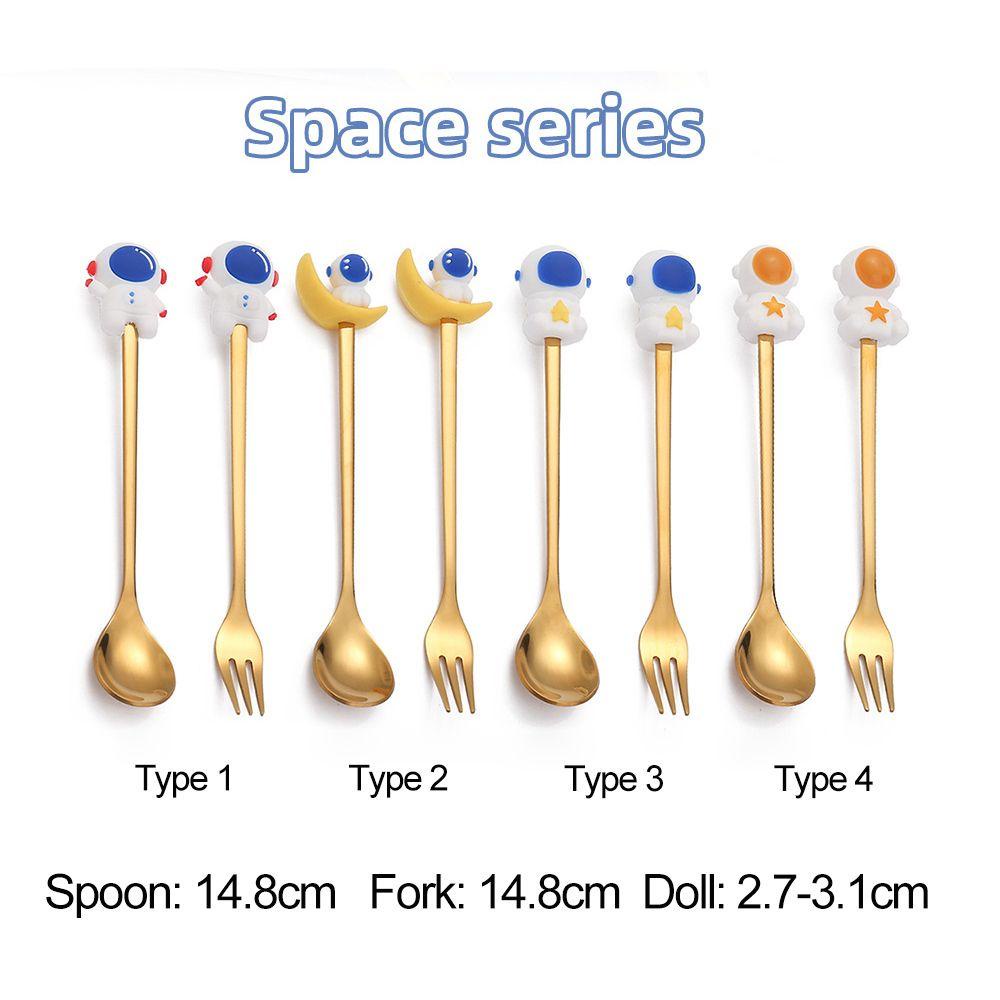 SOLIGHTER Gold Stainless Steel Forks Teaspoon Fruit Animal Shape Coffee Stirring Spoons Gift Ice Cream Cutlery Dessert Tableware Creative Dinnerware Cartoon Astronauts