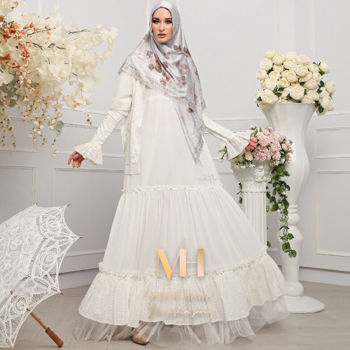 Gamis Syar'i Premium Motif Hawa MV - MH Syari LittleMissy Broken White