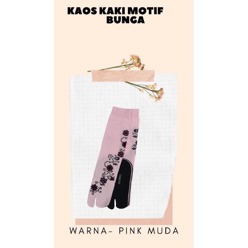 KAOS KAKI JEMPOL NYLON MOTIF BUNGA MUSLIMAH DEWASA TAPAK HITAM-Bunga Pink muda